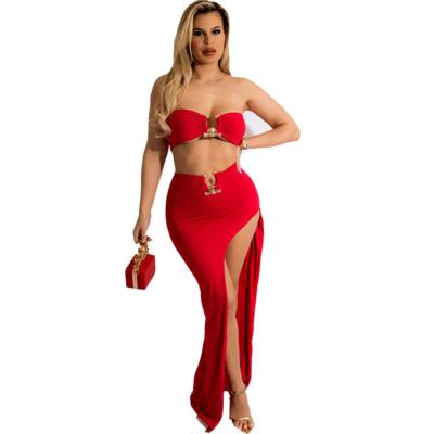 China 2022 Summer slim women party beach dress sexy waterproof tube splice top with hip skirt mature lady split two-piece set for sale