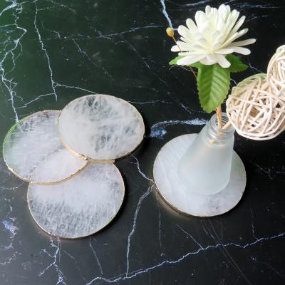 China Stocked Coaster Crystal Stone Home Table Decoration Natural Gold Trim Crystal Coaster for sale