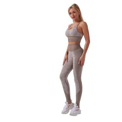 China Wholesale Breathable Khaki Plus Size Sports Bra Set Knit Seamless High Waist Leggings Yoga Fitness Pants Sets for sale