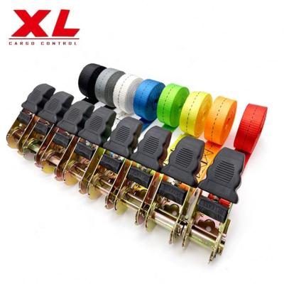 China 1 Inch 800kgs Ratchet Tie Down Tensioner Polyester Used Pallet Ratchet Tie Down Band Cargo Lashing Strap for sale