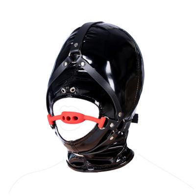 China Open Head Mouth Gag Leather Harness Bondage Sex Hoods PU Leather Open Restraint Breathable Hood Head Oral Restraint Headgear Mouth Gag Head Harness For Couples for sale