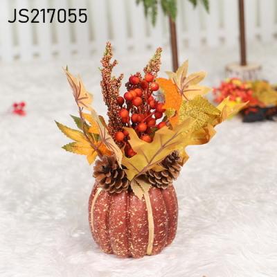 China Oriental Halloween Pumpkin With Artificial Maple Leaves Polyfoam Table Ornament Pumpkin Home And Garden Decor for sale