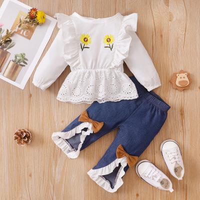 China Breathable Toddler Baby Outfits Cute Embroidery Tunic Top Shirts Pants Clothes Sets Autumn Infant Clothing M3330 for sale