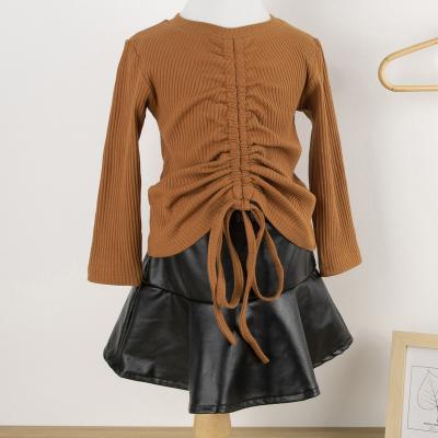 China Autumn Toddler Babies Casual Clothes Set Ribbed Top Shirts + PU Leather Skirt Clothing Outfit M3273 for sale