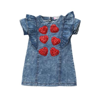 China Valentine Day Girls Clothes Toddler Breathable Baby Denim Dress Outfit With Sequin Heart M2293 for sale