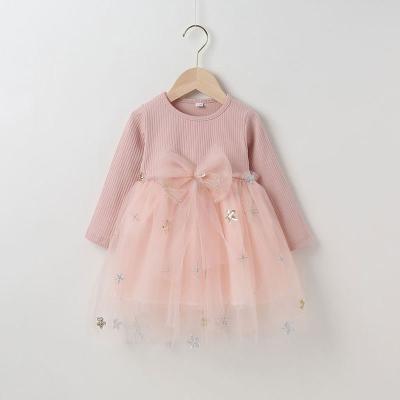 China Breathable 1-4 Years Girls Clothes Autumn Mesh Ribbed Long Sleeve Bow Dress Girls Dresses MDH1007 for sale