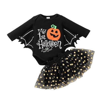 China 0-18 Months Breathable Baby Halloween Baby Costume Pumpkin Letter Print Batsuit + Dot Skirt Sequined MHP10378A for sale