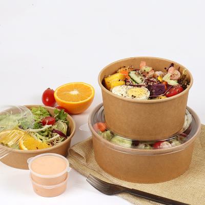 China Disposable Disposable Take Away Food Packing Box Brown Kraft Paper Bowls Salad Bowl With PET Lid for sale