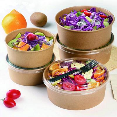 China Eco-Friendly Disposable Fast Food Salad Lunch Box Container Recyclable Kraft Paper Bowls With PET Lid for sale