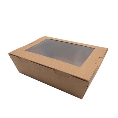 China Custom Wholesale Recyclable Brown Salad Fruit Bento Boxes Kraft Paper Lunch Paper Cater Boxes With Window for sale