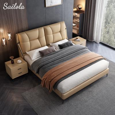 China Durable Modern Italian Bedroom Furniture Cama Wooden Leather Bed With Bedside Table for sale