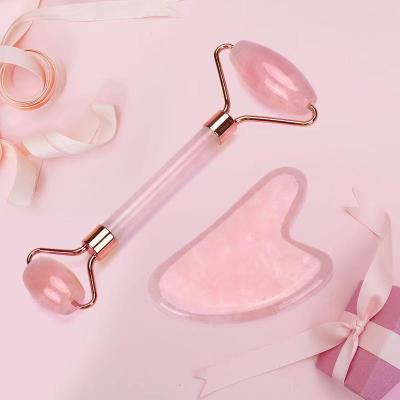 China Natural China Rose Quartz Roller and Gua Sha Gift Set Essential Oil Bottle Real Jade Stone Face Massager kit for sale