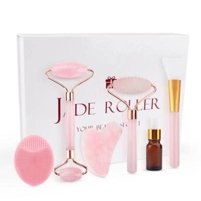 China China 6 in 1 GuaSha Jade Roller Ridged Facial Massager Factory Rose Quartz Natural Jade Roller for Face for sale