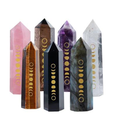 China China Hot Etched Crystal Tower Moon Change Point Natural Crystal Healing Stone Magic Wand for sale