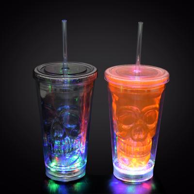 China Wholesale Clear Plastic H20.5cm*Dia Skull Mugs. Top10.2cm Bottom6.8cm With Straws Led Halloween Wall Double Tumbler Cup Light Up Drinking Straw Cup for sale