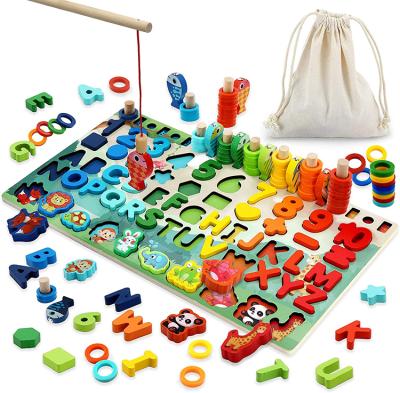 China Baby Montessori Eco-Friendly Material Math Toys Kids Educational Wooden Toys 6 in 1 Count Numbers Matching Digital Board Game Shape Board Puzzle Toy for sale