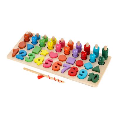 China Eco-friendly Material Baby Montessori 4 in 1 Toy Count Numbers Matching Board Fishing Kids Educational Learning Wooden Puzzle Toys for sale