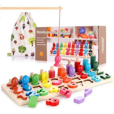 China Eco-friendly Materials Toddlers Montessori Wooden Math Puzzle Toys Kids Fishing Game Toy Counting Learning Puzzle Boards for sale