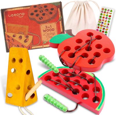 China Eco-friendly Material Preschool Kids Apple And Watermelon Threading Wooden Puzzle Toy Brain Teasers For Toddlers for sale