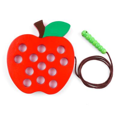 China Eco-friendly Material Wooden Lacing Apple Threading Toys Lace Block Wooden Puzzle Shape Travel Game Toys for sale