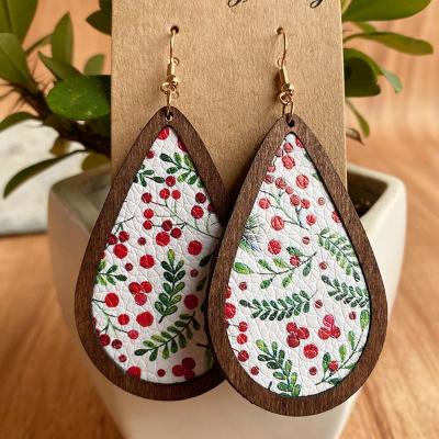 China TRENDY Wooden Leopard Snakeskin Leather Teardrop Earrings for sale