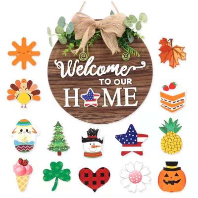 China Interchangeable Wooden Front Door Decoration Rustic Round Welcome Sign Seasonal Wood Braids Outdoor Wall Hanging Farmhouse Porch for sale