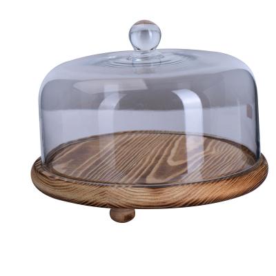 China Factory Wholesale Classic Wooden Base Cakeplate Transparent With Mouthblown Glass Dome for sale