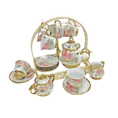 China Sustainable Delicate 15pcs/set Coffee Cup Set European Vintage Tea Cup Tea Kettle Saucer Set for sale