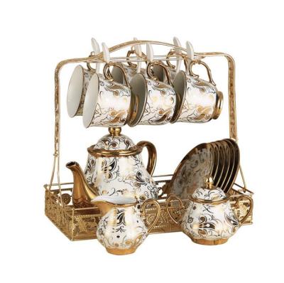 China Viable Royal Turkish Coffee Tea Set With 6 Cups And Saucers Gold Printed Ceramic Luxury Teapot Set for sale