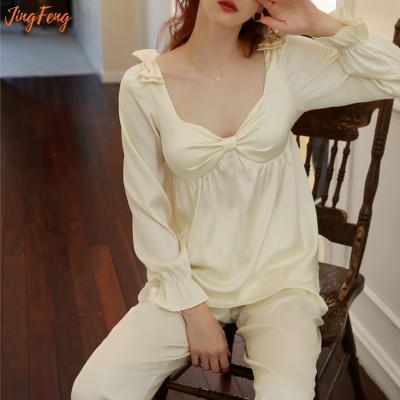 China Vintage OEM Princess Style Ice Silk Pajamas Women QUICK DRY Sleepwear Elegant Long Sleeve Pants Silk Pajama Set Fast Delivery for sale