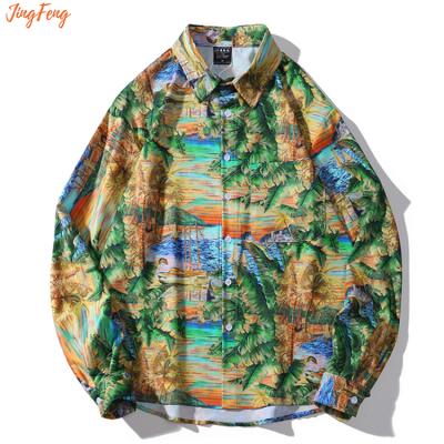 China Custom Men's Couple Print Breathable Retro Hawaiian Vintage Long Sleeve Loose Shirt With Good Quality for sale