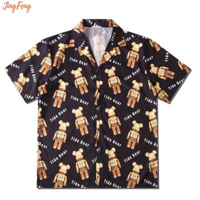 China new low MOQ trend of Anti-wrinkle in summer 2021 high quality casual bear printing loose short sleeve men's digital shirt for sale