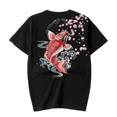 China New Chinese Style Heavy Industry Koi Anti-wrinkle Embroidery Heavy Industry Pure Cotton Men's Short Sleeve T-SHIRT T-SHIRT BIG for sale