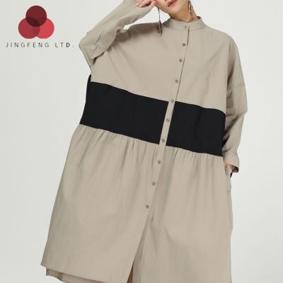 China Spring Summer Breathable Women Over Knee Long Sleeves Shirt Dress Cotton And Patchwork Contrast Canvas Coat Dress for sale