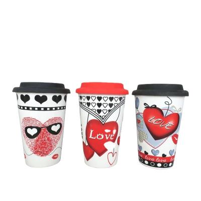 China 13oz Travel Sustainable Ceramic Tote Cup Single Wall Mug With Silicone Lid Plastic Sleeve for sale