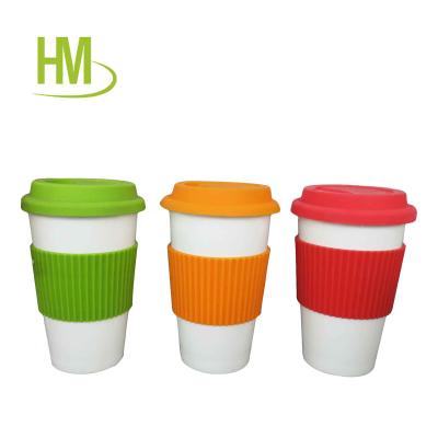 China 13oz Travel Sustainable Ceramic Mug Takeaway Single Wall Mug With Silicone Lid Plastic Sleeve for sale