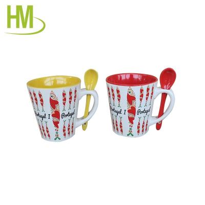 China Sustainable Ceramic Mug With Spoon Cute Cup Cartoon Hot Selling White Coffee Mug for sale