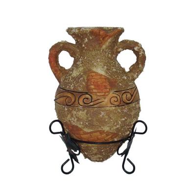 China Vintage Minimalist Ceramic Double Ears Decorative Vase With Iron Frame for sale