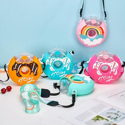 China 2022 Wholesale New Summer Sports Water Cup Fashion Rainbow Capacity Donut Shape Kids Viable Plastic Water Bottles With Straw for sale