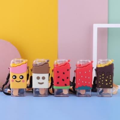 China Viable hot sale ice cream popsicle botella de agua cute kawaii kids water bottle with straw strap for sale