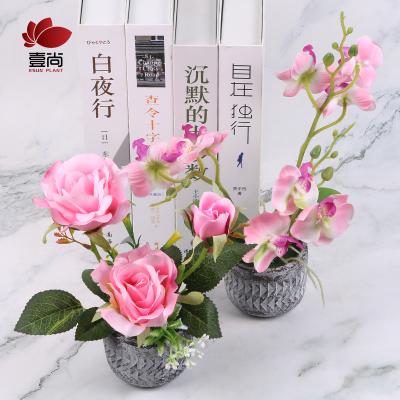 China ES1175-1 Minimalist Factory Wholesale High Quality Home Decor Artificial Rose Flower With Cement Pot for sale