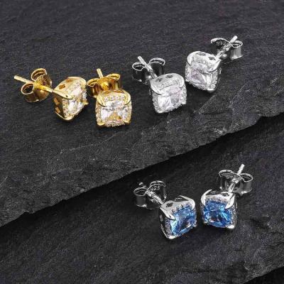 China Wholesale Non-fading KRKC 2021 Fashion Women Bling Jewelry 925 Silver Iced Out Zirconia Diamond Wedding Stud Earrings Wand CZ Square for sale