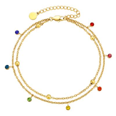 China KRKC Non-fading 2021 Summer Fashion Custom Women Foot Jewelry 18K Gold Plated Stainless Steel Colorful Tasty Double Strand Layered Anklets for sale