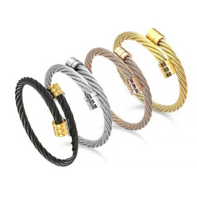 China TRENDY Elastic Fashion Titanium Stainless Steel Wire Rope Gold, Silver Plated Cuff Bracelet for sale