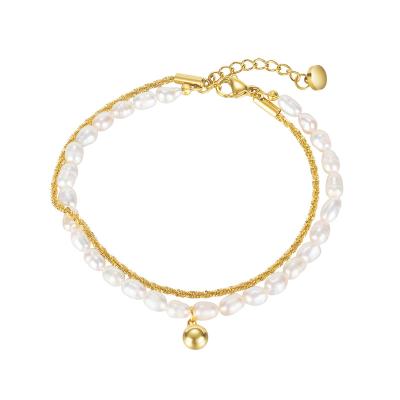 China TRENDY Wholesale Fashion Double Pearl Stainless Steel Freshwater Layered Gold Plated Bracelet For Women for sale