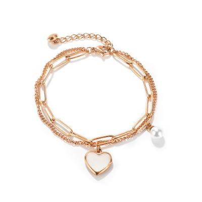 China New Trendy Fashion Titanium Steel Double Layer Spliced ​​Chain Heart Shaped Bracelet For Women Girls for sale