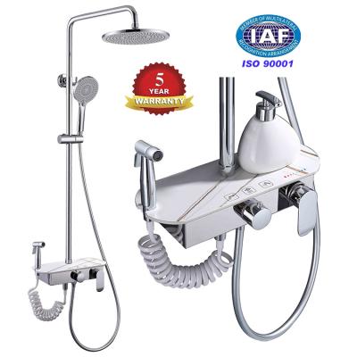 China With Slide Bar Modern High Quality Luxury Bathroom Wall Mounted Shower Faucets Mixer Set La Ducha De Jugeo With Commodity Storage Rack Shelf for sale