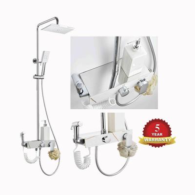 China With Slide Bar Hot sale Super Luxury Wall Mounted Polished Shower Faucet Tap Mixer Set With Bath Commodity Storage Shelf Racks Platform for sale