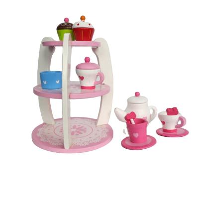 China Educational Funny Toy New Kids Kitchen Wooden Toy Set Tea Set with Cake Stand for sale