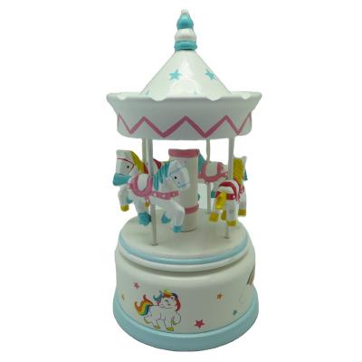 China Mechanical Operated Wind Up Decorative Kid Toy Gift Musical Rotating Wind Up Carousel Round Wooden Music Box for sale